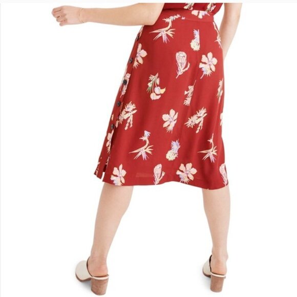 Madewell Burgundy Red Bird Of Paradise Side Button Floral Midi A-line Skirt Zero - Picture 3 of 12